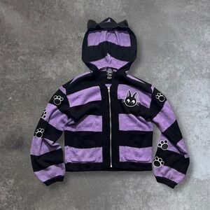 KIKIS Black Purple Striped Cat Ear Hoodie Zipper Sweater Womens Size M